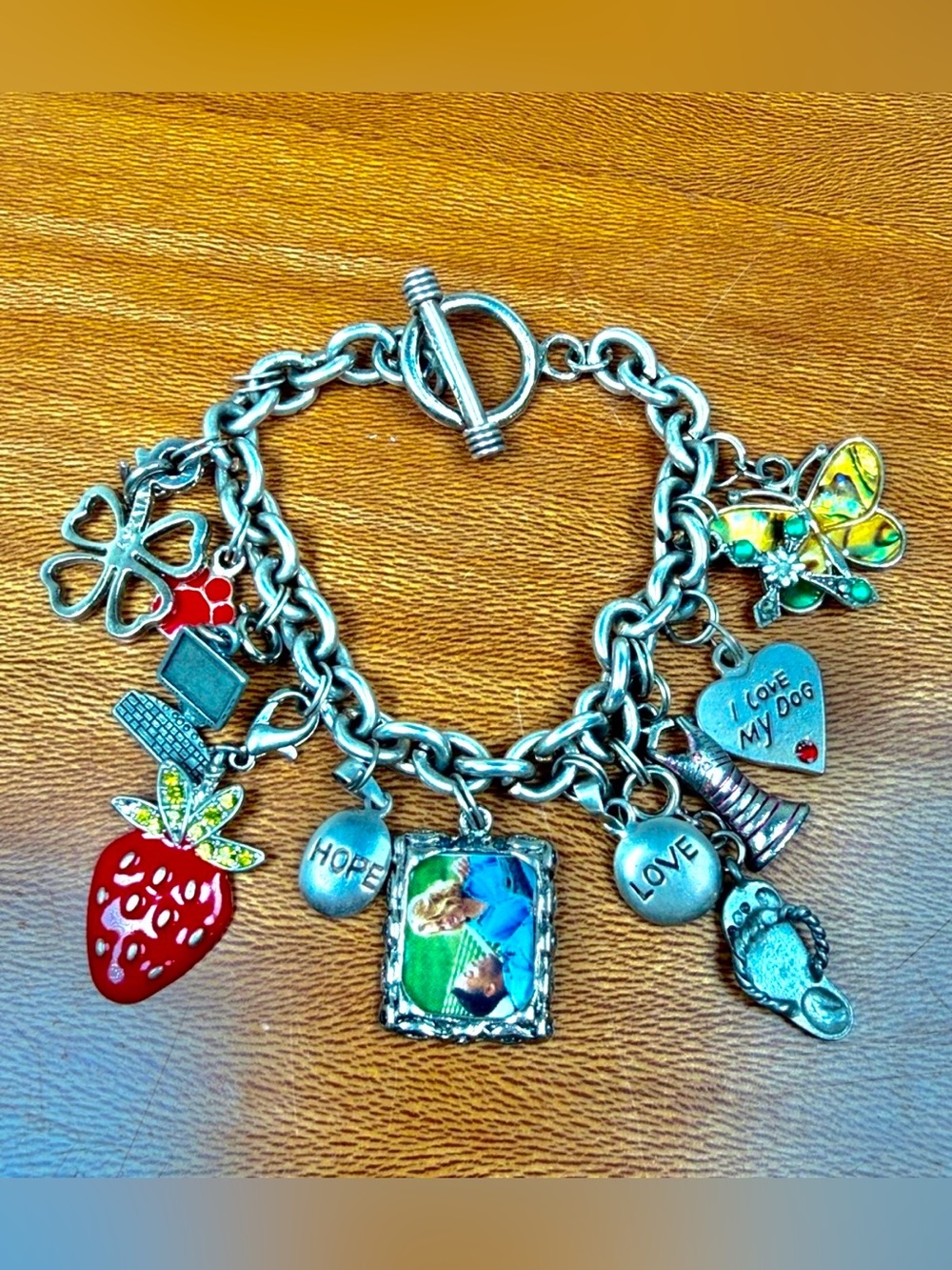 Sterling Silver 925 Charm Link Bracelet Strawberry I love My Dog Hope Love Cross